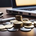 A modern office desk with a laptop, paperwork, and a pen. A stack of coins and a key symbolize financial transactions