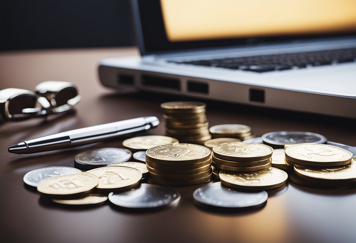 A modern office desk with a laptop, paperwork, and a pen. A stack of coins and a key symbolize financial transactions