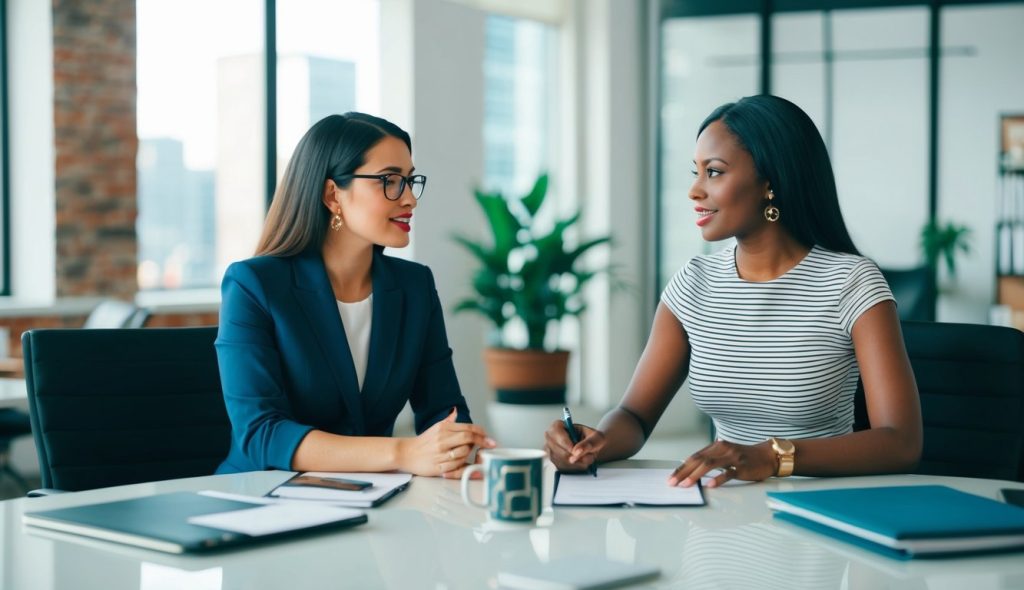 Two female content strategists meeting in their office discussing private lending copy strategy for a new client they are working with.