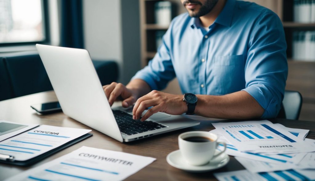 A male freelance copywriter in front of his laptop writing a captivating headline on the screen, surrounded by various financial documents and a cup of coffee