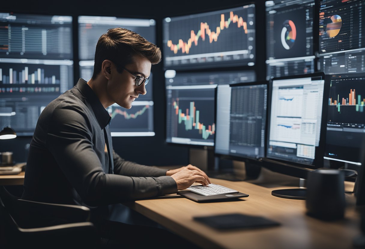 A small business owner sits at a computer, surrounded by marketing materials and analytics charts. Automated marketing software runs in the background