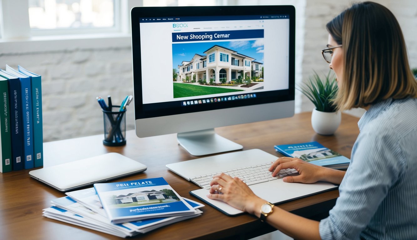 A freelance writer for commercial real estate working in her office on a blog post to promote a new shopping center.