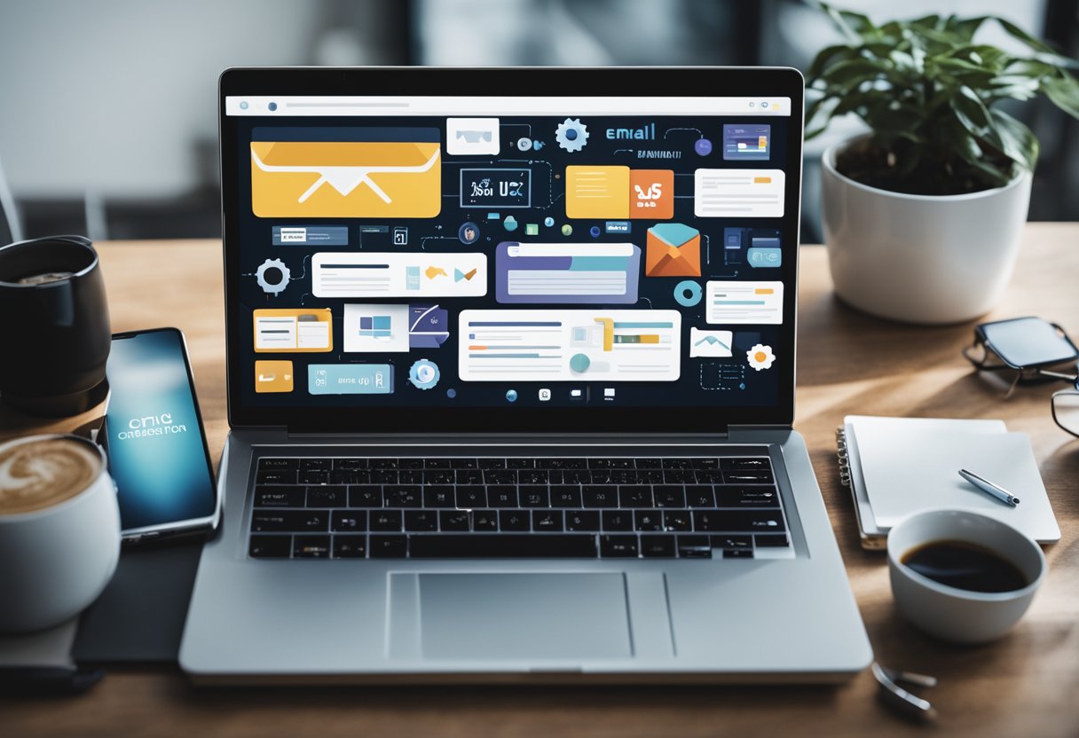 A laptop surrounded by a variety of digital marketing tools and platforms, with a focus on capturing and organizing customer email addresses for lead generation