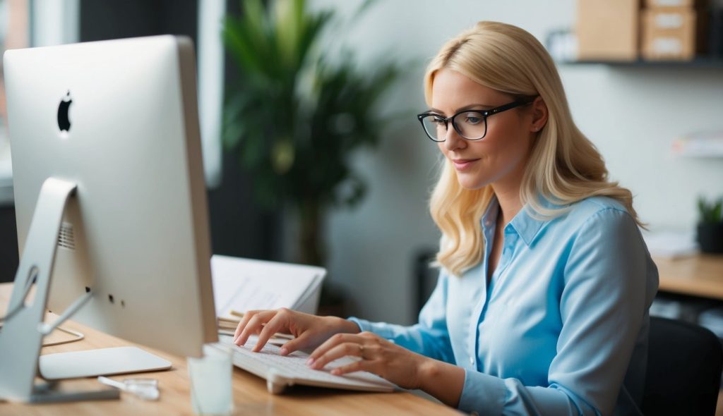 A blonde freelance writer with glasses working on her computer building an email list for a commercial real estate client.