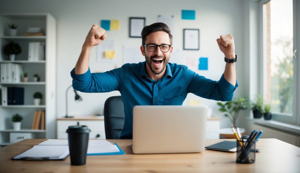 A male freelance content writer in his home office, pumping his fist in the air, excited that he has built an effective email list.