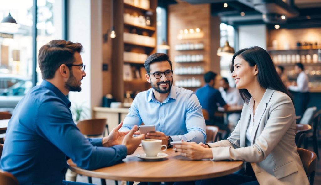 A male and female content writing team in a coffee shop discussing FAQs about email marketing and lead generation.