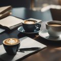 A laptop surrounded by open books and a cup of coffee, with a pen and notebook nearby