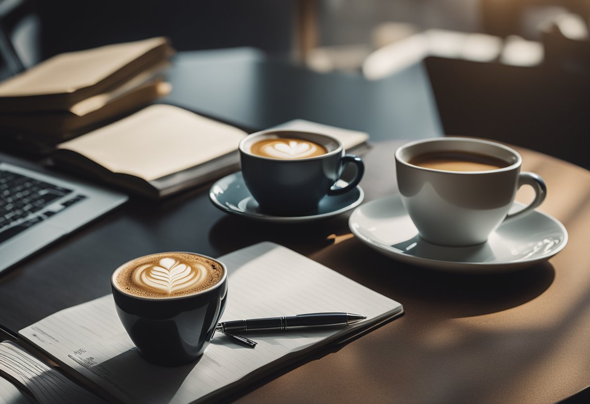 A laptop surrounded by open books and a cup of coffee, with a pen and notebook nearby