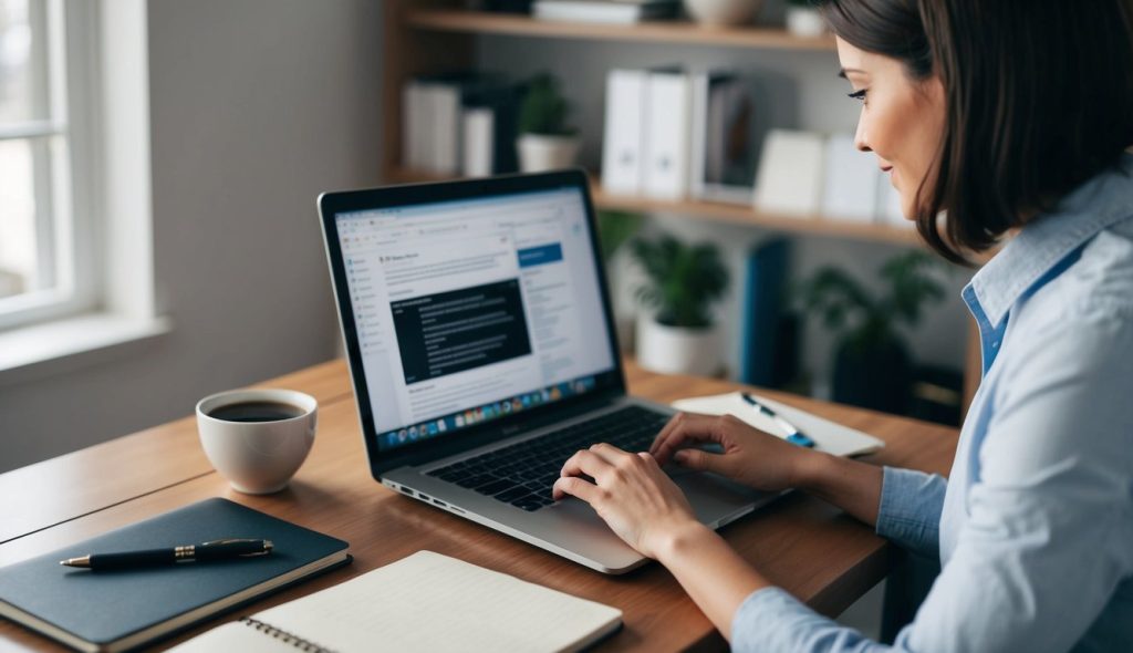 A brunette freelance writer in her home office, typing on her laptop surrounded by open web browser tabs, a notebook, and a cup of coffee