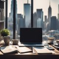 A desk cluttered with papers, a laptop, and a mug of coffee. A bookshelf filled with marketing and business books. A window with city skyline