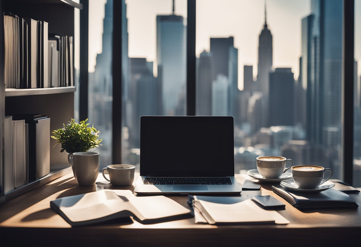 A desk cluttered with papers, a laptop, and a mug of coffee. A bookshelf filled with marketing and business books. A window with city skyline