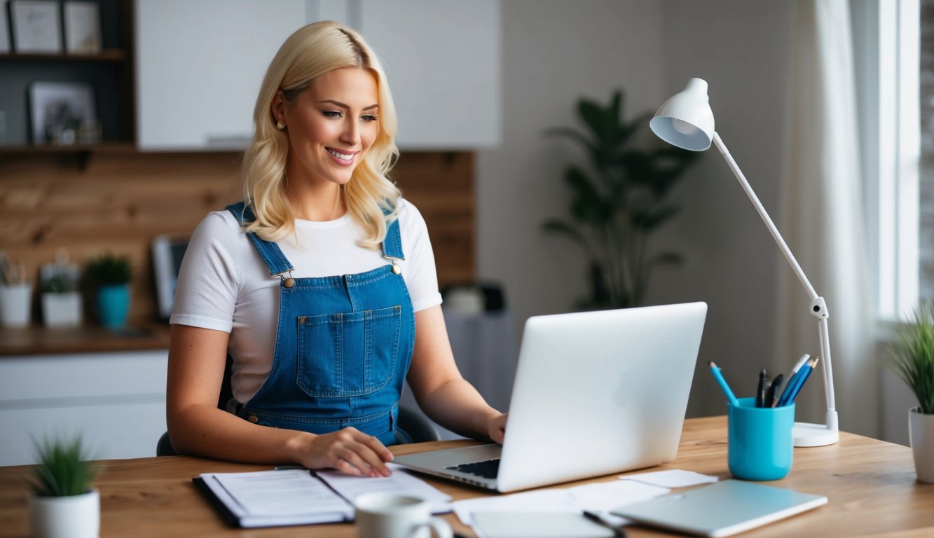 A blonde female content creator in dungarees working in her home office creating blog posts to generate leads for her home services client.