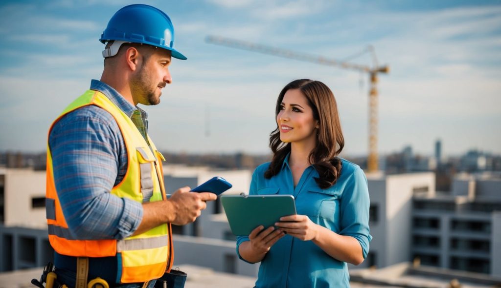 A burly contractor at a construction site standing in front of his brunette freelance writer and asking questions about using blogging to generate leads for his business.