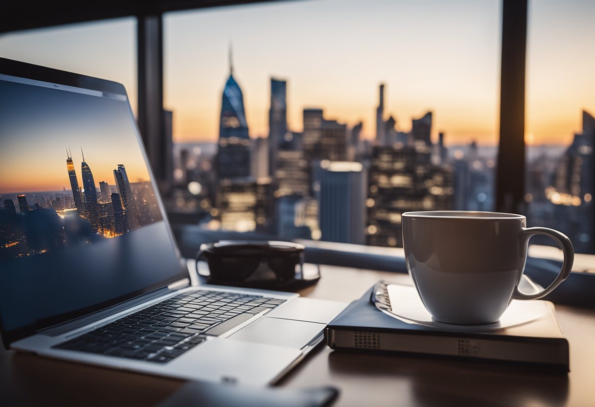 A laptop surrounded by real estate books, a cup of coffee, and a pen on a desk with a city skyline in the background