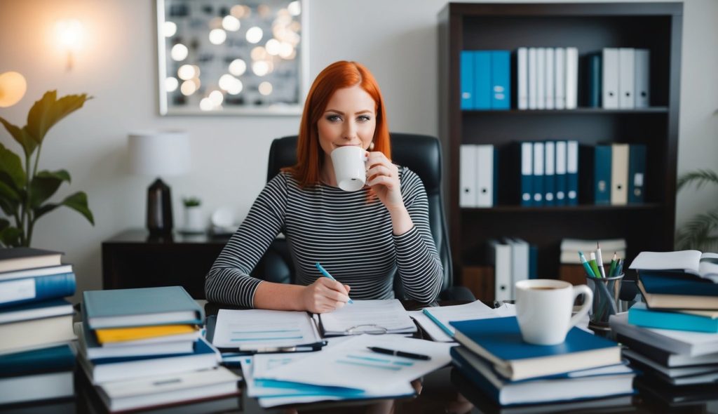 A red headed female content writer sitting in front of her laptop surrounded by real estate books and financial reports, with a cup of coffee and a notepad filled with notes.