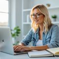 A blonde women with glasses studying an online course about Airbnb hosting on a laptop in a bright home office with a coffee cup and notebooks on the desk.