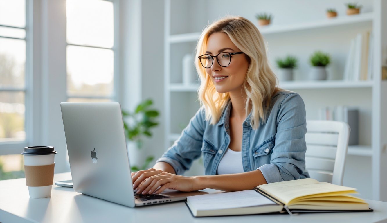 A blonde women with glasses studying an online course about Airbnb hosting on a laptop in a bright home office with a coffee cup and notebooks on the desk.