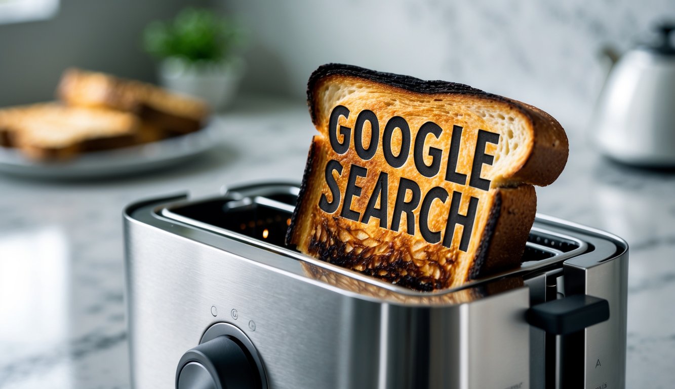 A burnt piece of toast popping out of a toaster with the phrase Google Search on the bread.