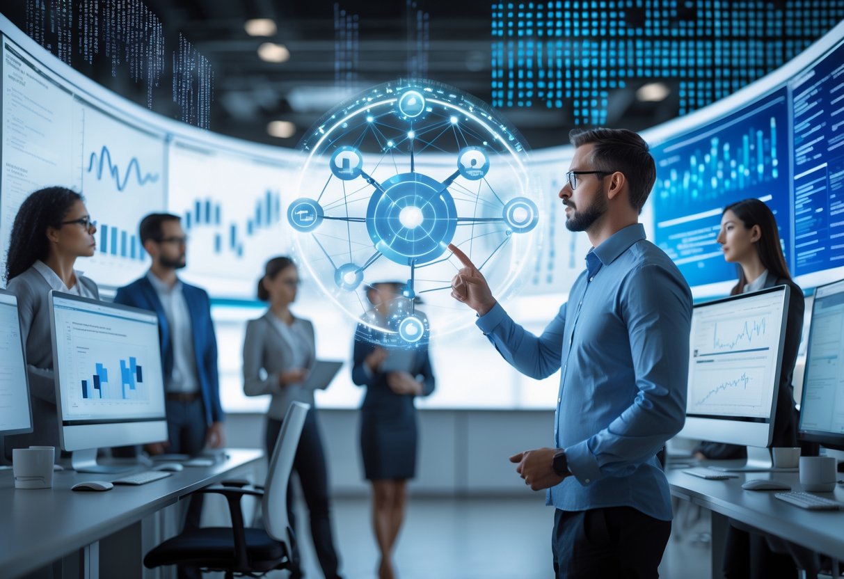 A group of professionals analyzing data and digital graphs in a modern office setting to represent changes in Google's algorithm.