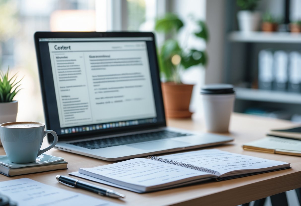 A modern workspace with a laptop, notebook, pen, and coffee cup on a desk near a window.