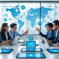 A group of diverse professionals collaborating around a table with digital devices showing global communication icons and charts in a bright office.