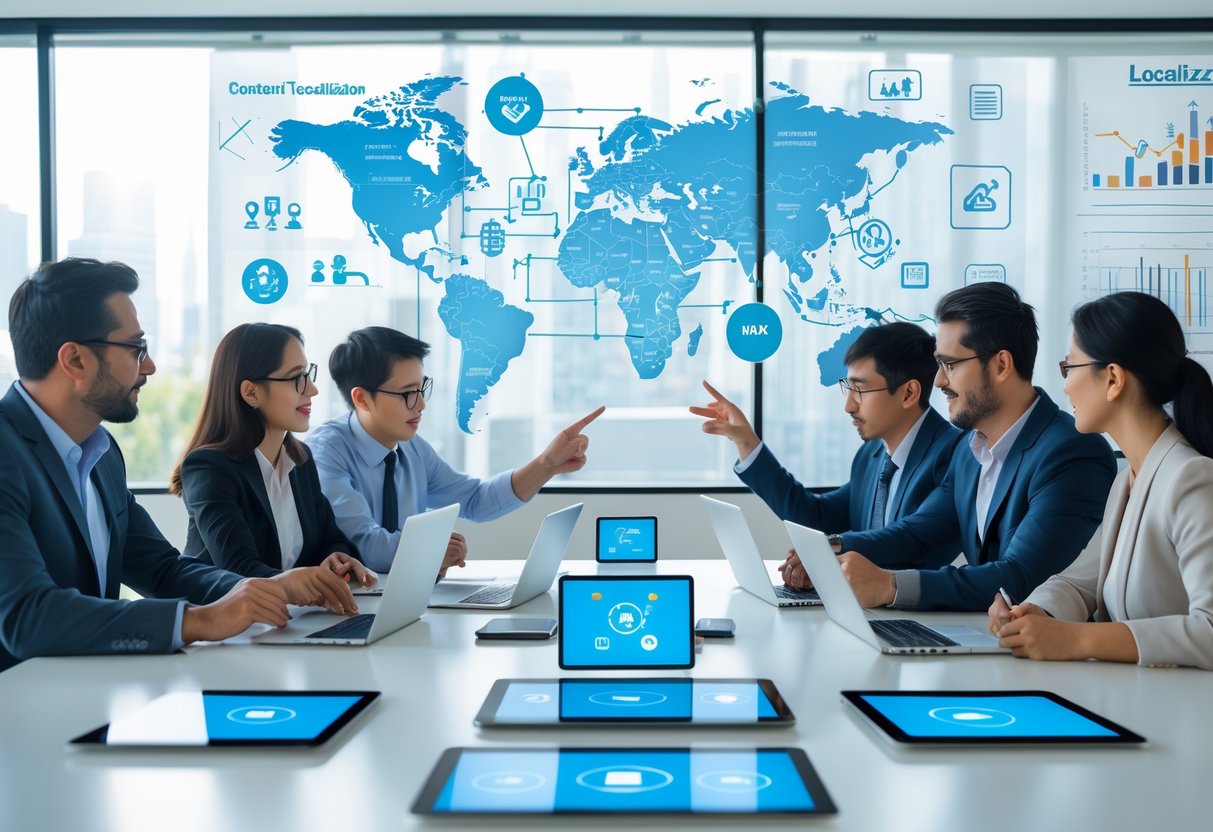 A group of diverse professionals collaborating around a table with digital devices showing global communication icons and charts in a bright office.