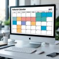 A modern workspace with a computer monitor displaying an organized editorial calendar template, surrounded by office supplies on a tidy desk.
