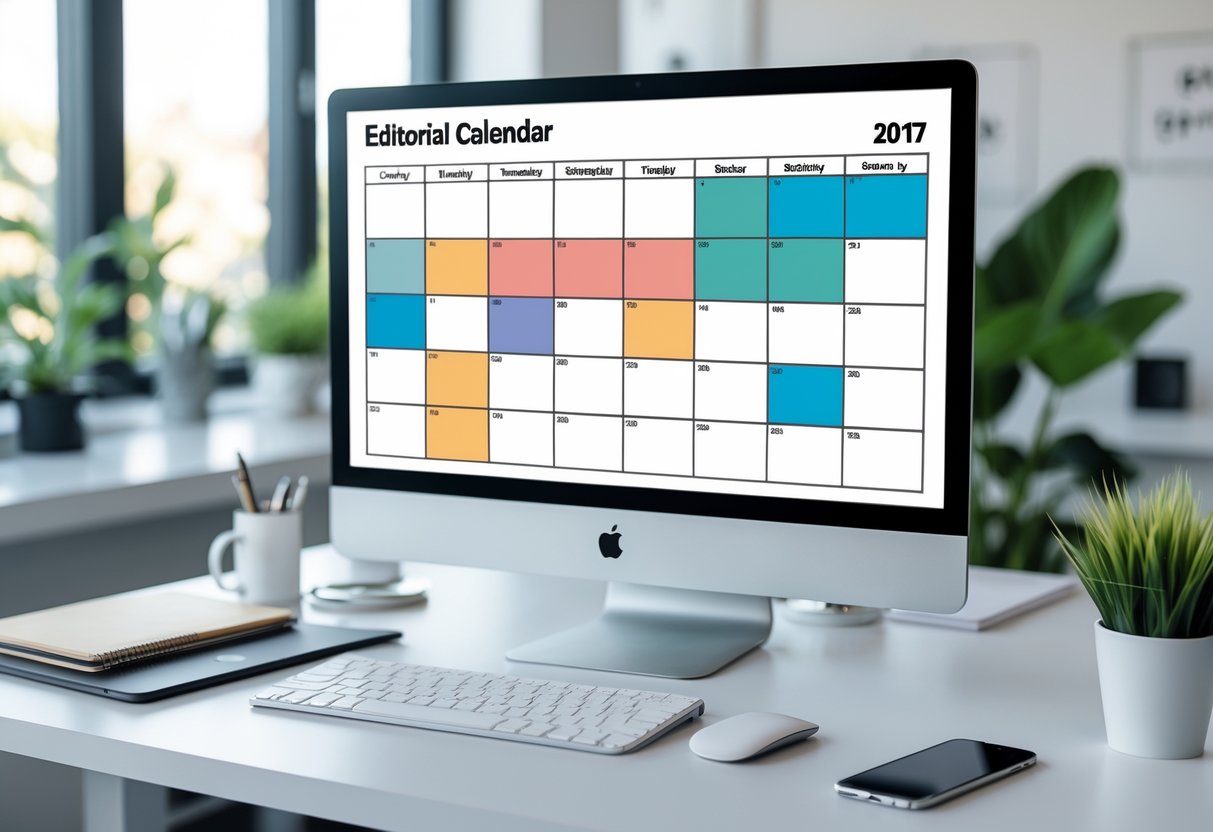 A modern workspace with a computer monitor displaying an organized editorial calendar template, surrounded by office supplies on a tidy desk.