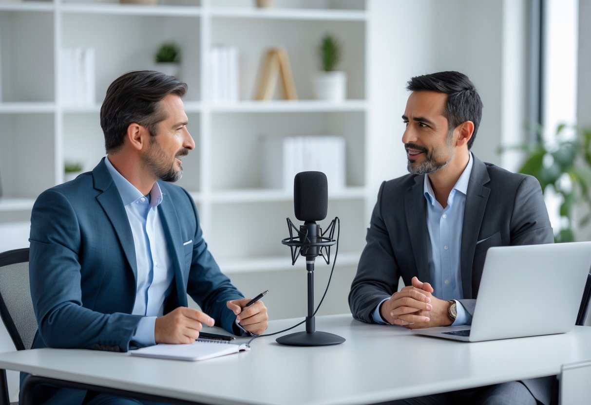 Two professionals engaged in an interview at a modern office table with a microphone and laptop.