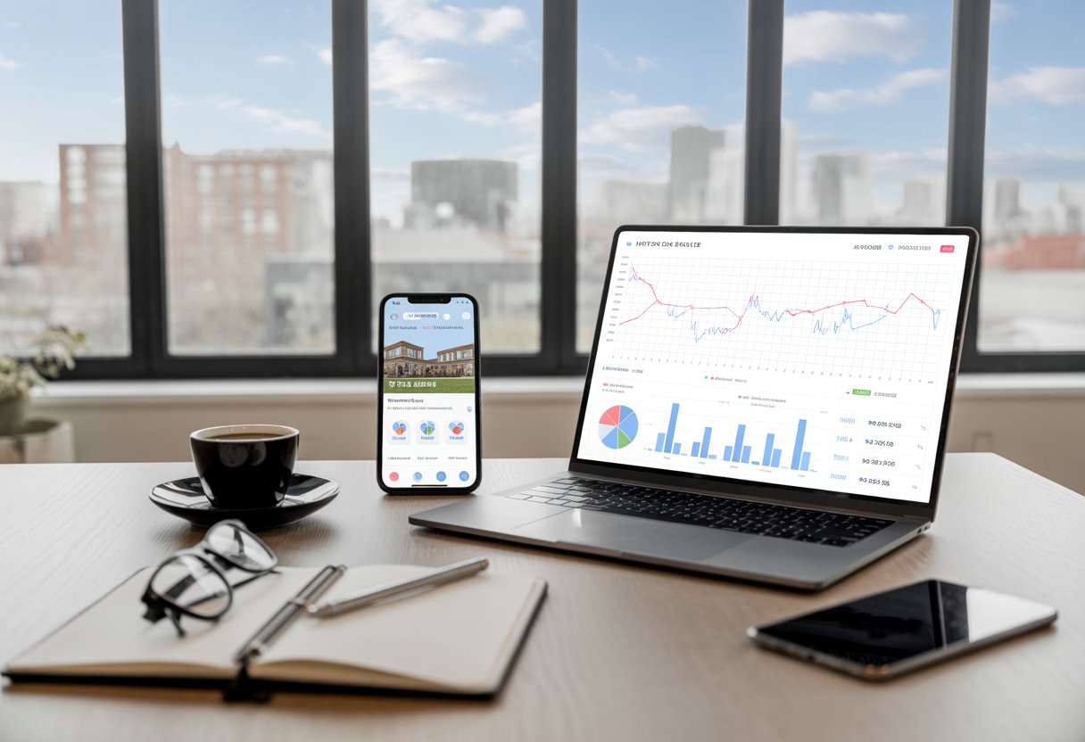 A modern workspace with a laptop showing real estate graphs, a smartphone with property listings, and an urban skyline visible through large windows.