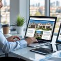 A real estate agent working on a laptop at a desk with digital devices and documents, with a cityscape visible through large windows.
