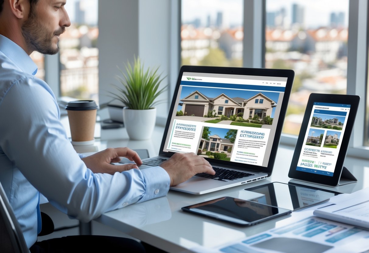 A real estate agent working on a laptop at a desk with digital devices and documents, with a cityscape visible through large windows.