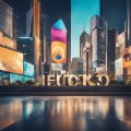 A vibrant city skyline with a prominent logo displayed on a large billboard. The skyline is bustling with activity and energy