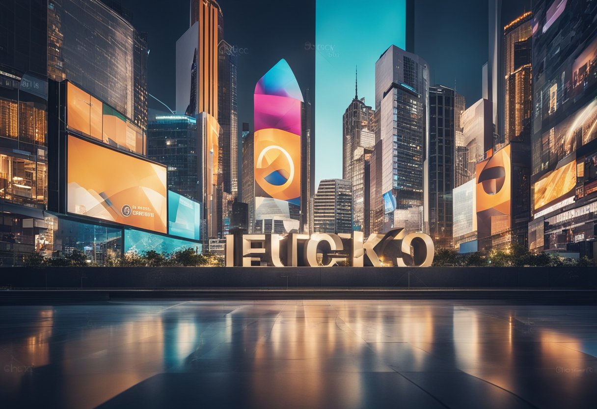 A vibrant city skyline with a prominent logo displayed on a large billboard. The skyline is bustling with activity and energy