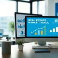 A modern office with charts, graphs, and a computer screen displaying real estate market trends