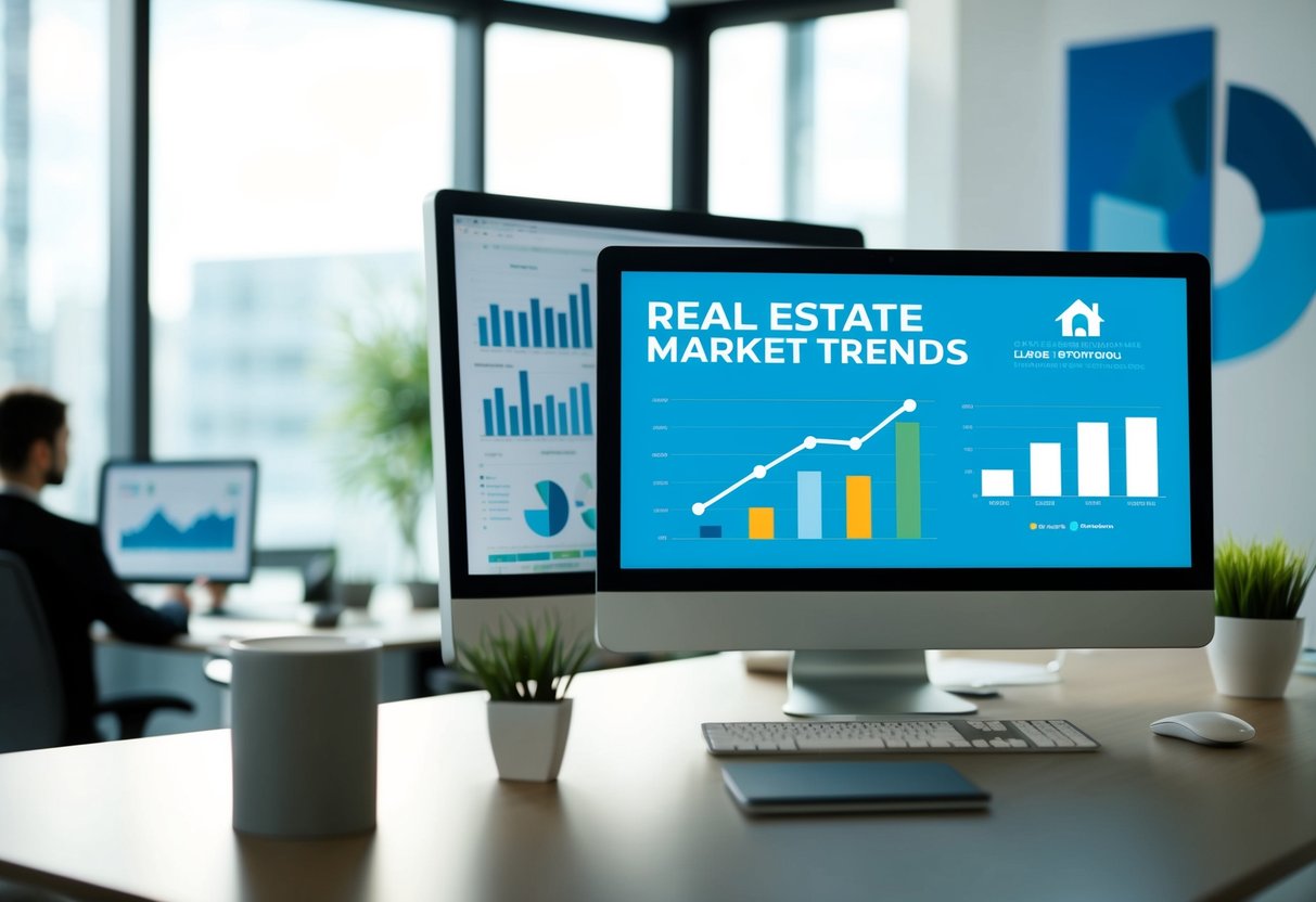 A modern office with charts, graphs, and a computer screen displaying real estate market trends