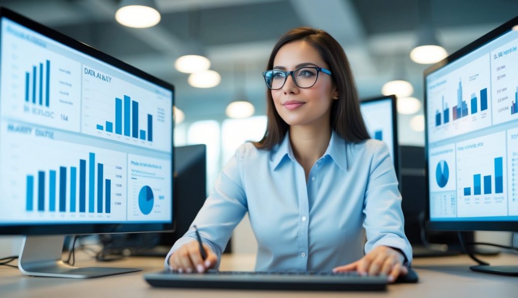 A pretty female data analyst wearing glasses surrounded by computer screen reading real estate market data.