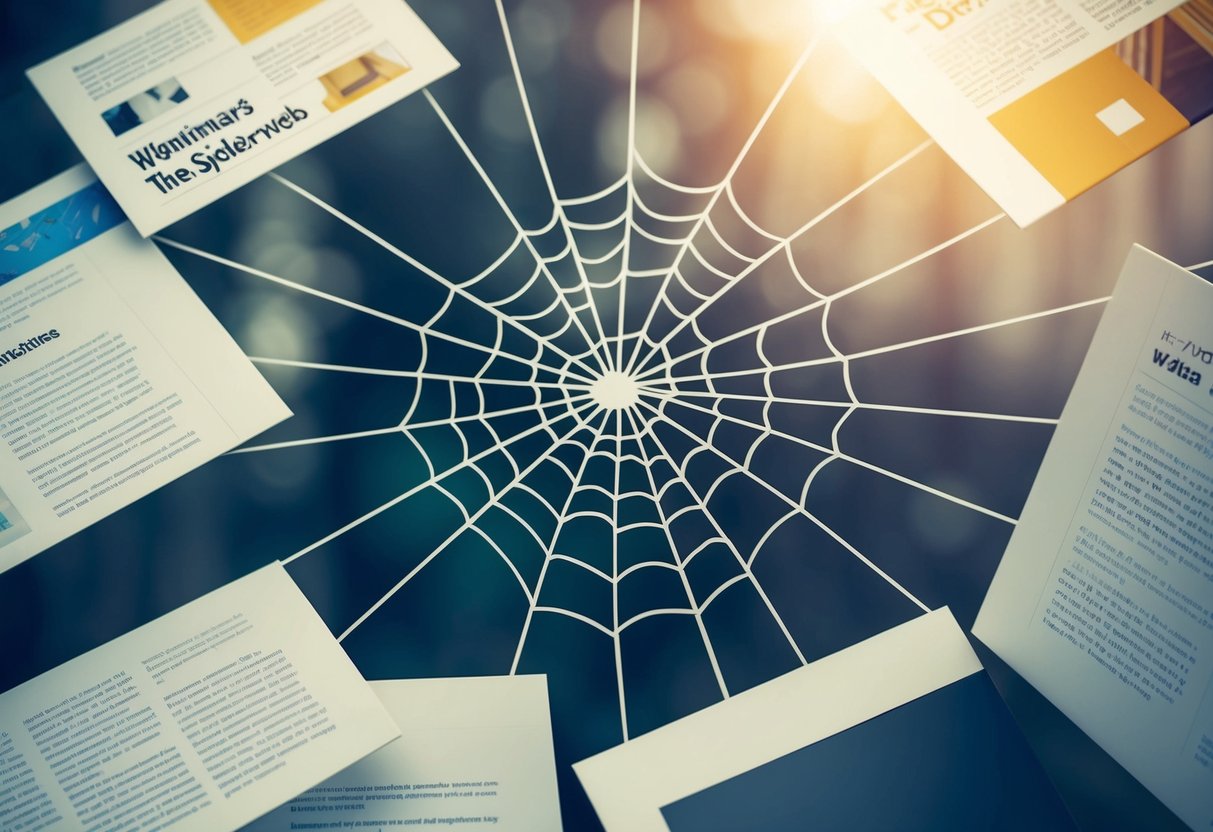 Various web pages connected by lines, resembling a spiderweb. Each page features different topics and is linked to others in a strategic manner