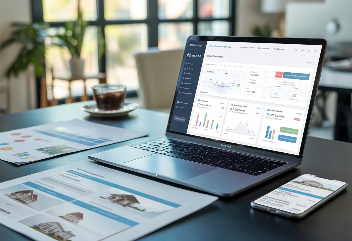 A workspace with a laptop showing website analytics, printed real estate documents, a smartphone with a real estate app, a potted plant, and a cup of coffee on a desk.
