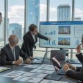 Business professionals collaborating around a conference table with laptops and documents, discussing commercial real estate with a city skyline visible through large windows.