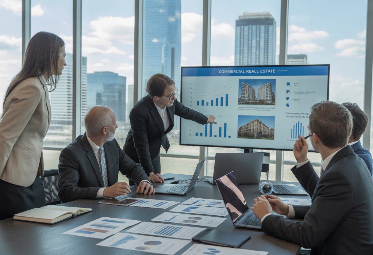 Business professionals collaborating around a conference table with laptops and documents, discussing commercial real estate with a city skyline visible through large windows.