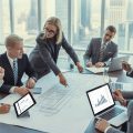 Business professionals meeting around a table with blueprints and laptops in an office overlooking a city skyline.