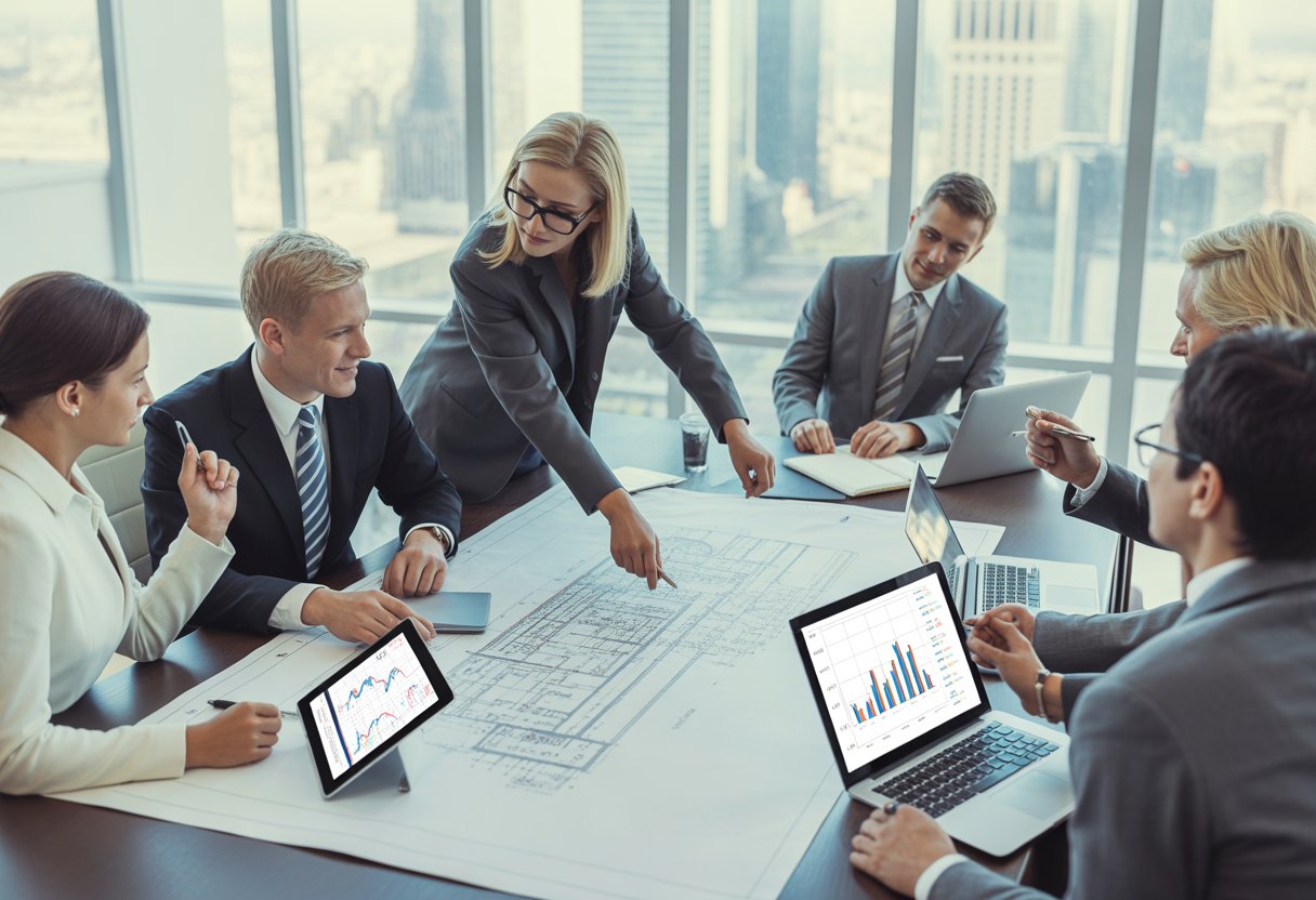Business professionals meeting around a table with blueprints and laptops in an office overlooking a city skyline.
