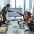 A group of business professionals working together around a table with documents and a laptop in a bright office overlooking commercial buildings.