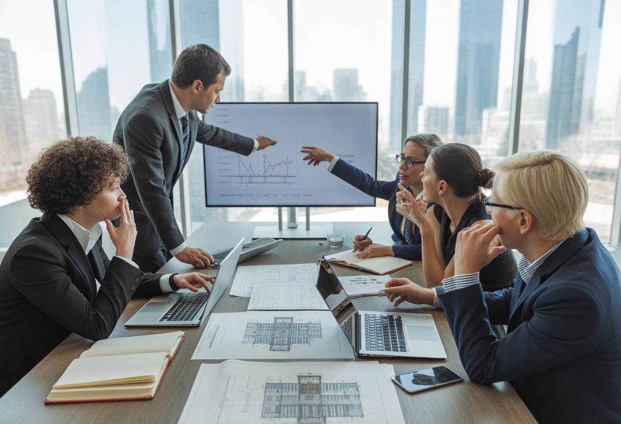 A group of business professionals working together around a table with documents and a laptop in a bright office overlooking commercial buildings.