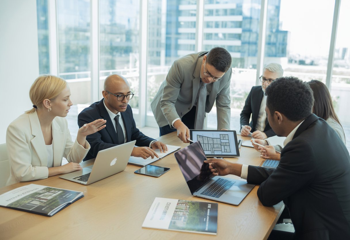 A group of real estate professionals collaborating around a table with digital devices and brochures in a bright office.