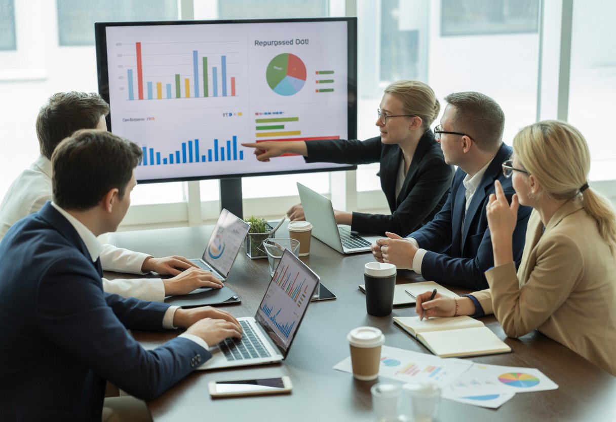 Business professionals collaborating around a conference table analyzing charts and graphs on laptops and a large digital screen.