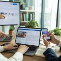 Three professionals working together at a desk with a laptop, smartphone, and large screen displaying social media icons in a bright office.