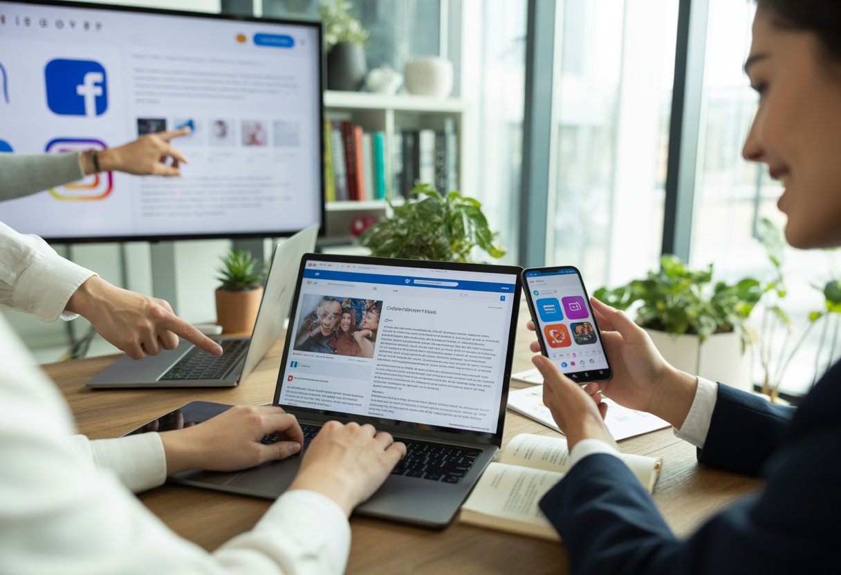 Three professionals working together at a desk with a laptop, smartphone, and large screen displaying social media icons in a bright office.