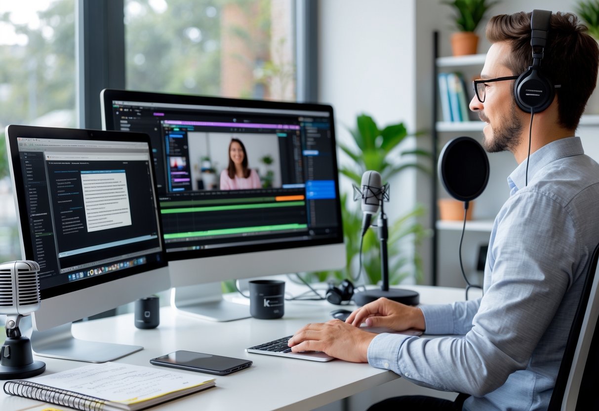 Person working at a desk with a computer editing video while referencing a blog post on a laptop in a bright office.